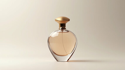 An elegant perfume bottle with a reflective gold cap and details, set against a neutral background. The bottle’s simple yet sophisticated design suggests luxury and visual appeal.