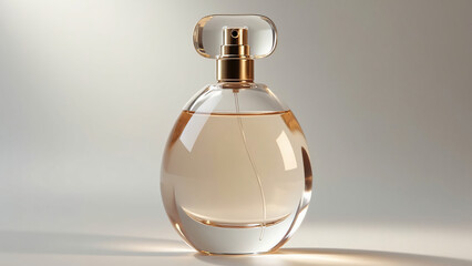 A spherical glass perfume bottle with a golden nozzle, reflecting light on a gradient background. The elegant design and lighting highlight the bottle’s luxurious appearance.