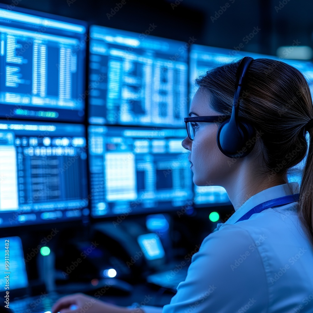 Poster woman using multiple screens for data analysis in a dark environment.