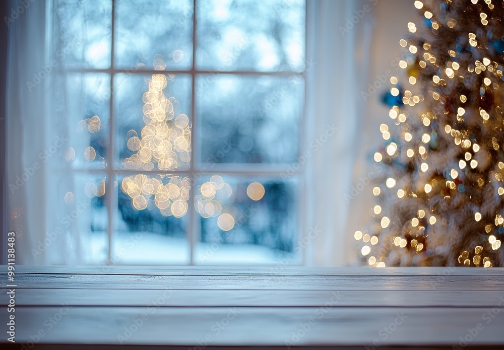 Poster a background of decoration surrounds an empty table in front of a christmas tree