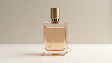 A transparent glass perfume bottle with a golden cap, placed against a plain, light-colored background. The liquid inside the bottle appears to be of a light amber color. 