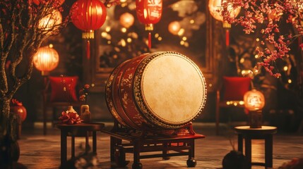 A large Chinese drum, traditionally used in New Year celebrations, surrounded by festive decorations and lanterns.