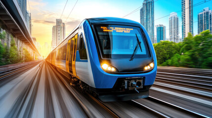 Naklejka premium A modern metro train speeding through the cityscape of Hyderabad under a clear sky