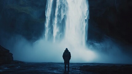 Obraz premium Standing behind the powerful Seljalandsfoss waterfall, capturing the unique perspective of the water crashing down in front of you.