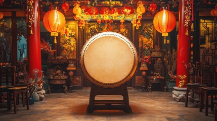 A large Chinese drum, traditionally used in New Year celebrations, surrounded by festive decorations and lanterns.