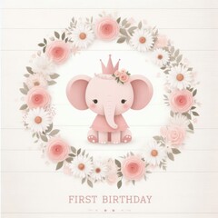 Adorable pink elephant with a crown celebrates a first birthday surrounded by floral decor.