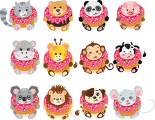 Set digital collage of cute animals inside a delicious donut