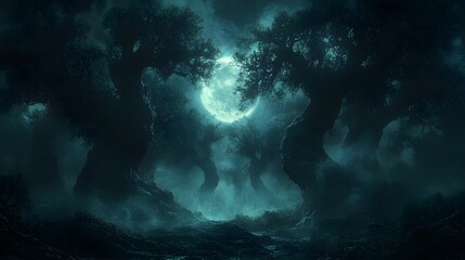 "Twisted Trees in the Moonlit Mist"
