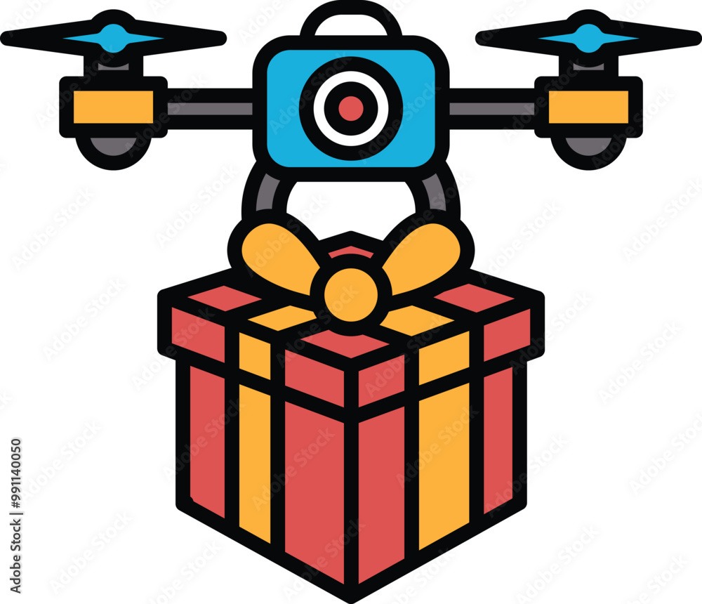 Poster a drone is hovering over a red box with a yellow ribbon