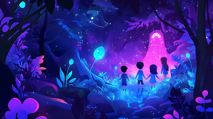 background with kids exploring a magical forest, discovering whimsical creatures and glowing plants