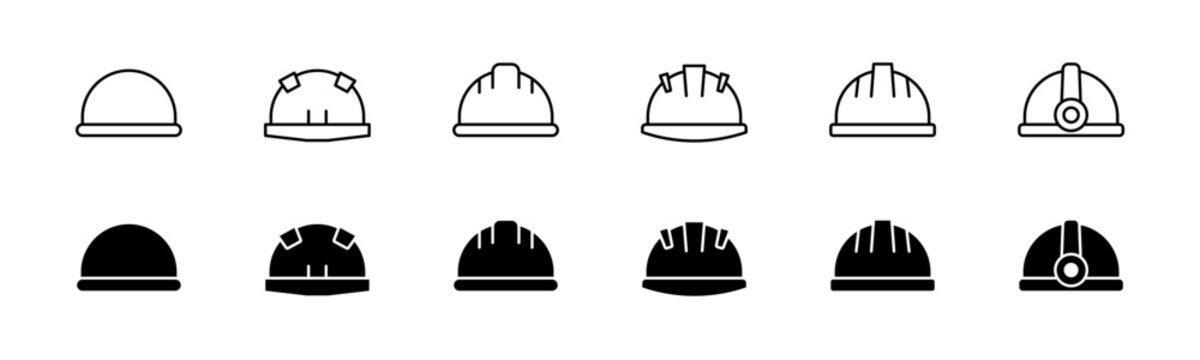 Worker helmet icon set. Line and glyph construction hard hat vector. Building helmet icon