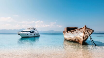 Obraz premium Lavish yacht parked near a small, worn fishing boat, luxury vs survival, wealth disparity
