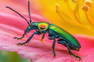 A Metallic Green Beetle on a Pink Flower Petal