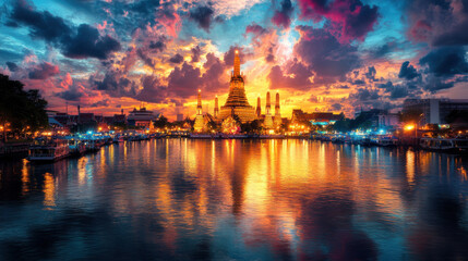 Fototapeta premium A stunning view of Wat Arun temple at sunset, with the Chao Phraya river reflecting golden light