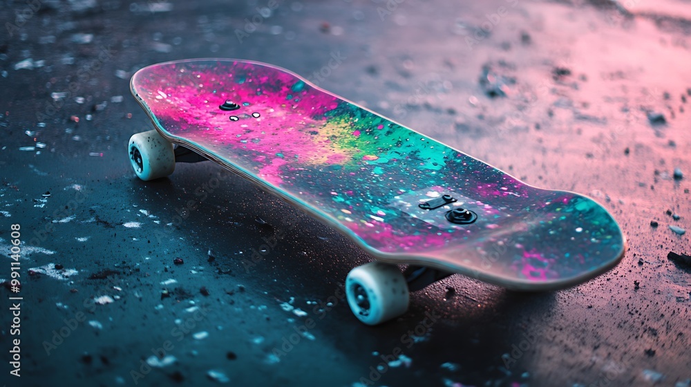 Poster a colorful skateboard with a galaxy print design sits on a textured surface.