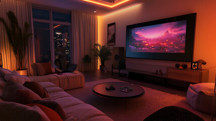 Charming background with a gaming-themed living room, showcasing a comfortable sofa, a large TV screen, and cozy decor