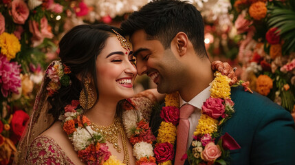 A traditional Indian wedding ceremony with bride and groom in richly decorated attire