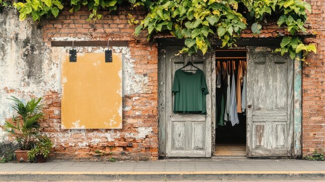 Luxury clothing store beside a small, wornout thrift shop, fashion inequality, consumerism