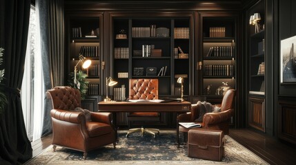 Luxurious home office with dark wood paneling, leather chairs and a large bookcase.