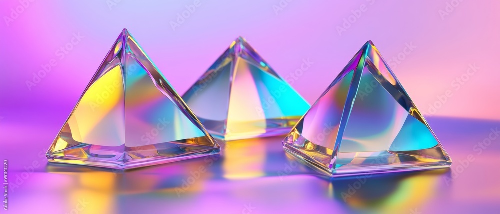 Poster three triangular glass objects are on a purple background