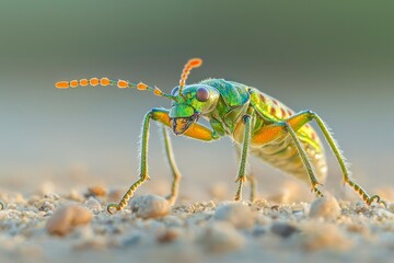 Fototapeta premium Close-up of a Metallic Green Beetle on Gravel