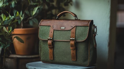 Green leather bag with a brown strap.