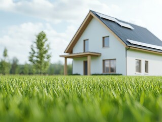 Modern house surrounded by lush green grass under a clear blue sky.
