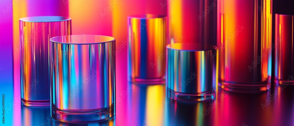 Poster a series of colorful glass containers are arranged in a row