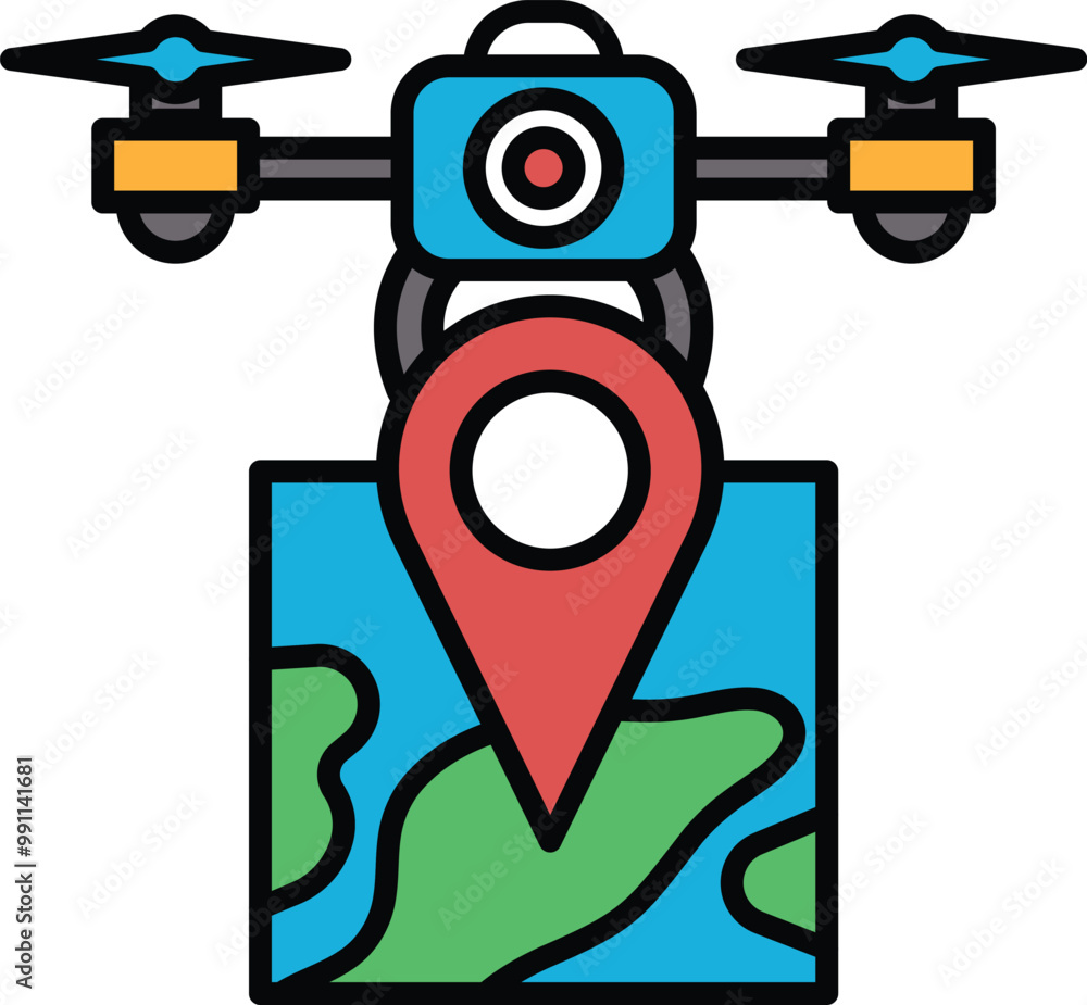 Poster a drone with a dot on it is hovering over a map