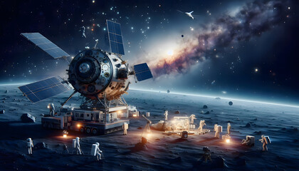 A serene scene of space exploration, with a spacecraft and station amidst the infinite stars and planets - Powered by Adobe