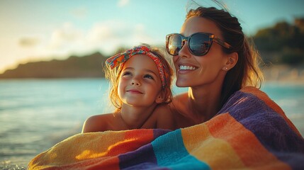 beach vacation bliss with mother and daughter, enjoying relaxation in colorful towel, highlighting family bonding and joyful experiences amidst sandy shores and ocean waves