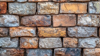 Fototapeta premium Close-up of an aged stone wall with a rustic texture and uneven mortar lines.