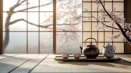 Charming Japanese tea ceremony background with teapots, cups, and traditional tatami mats