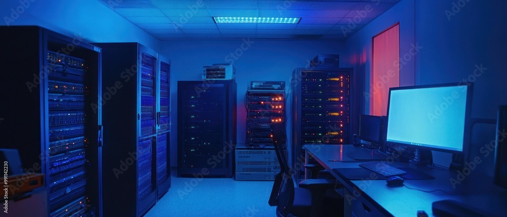 Poster a dimly lit server room with racks of equipment and a computer setup.