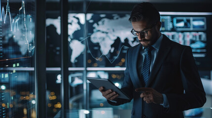 A business executive in a sleek office, analyzing global data on a digital tablet, representing their role in steering company strategy on a global level