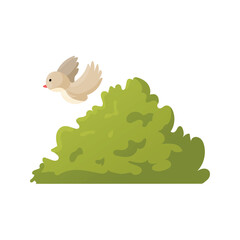 Green lush bush and small bird isolated on white background. Vector illustration in flat style