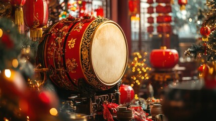 A large Chinese drum, traditionally used in New Year celebrations, surrounded by festive decorations and lanterns.
