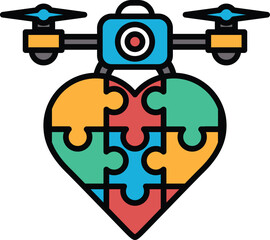 A colorful heart made of puzzle pieces with a drone on top