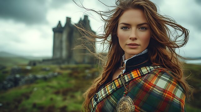 A close-up of a Scottish Highlander woman in a tartan kilt, standing in front of a stone castle,