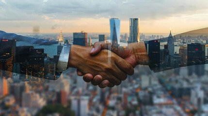 A business executive shaking hands with an international partner, with a backdrop of the city skyline, representing collaboration and global business deals