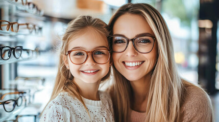 Happy mother and daughter trying on glasses in optic store for sight, vision or eye care at retail shop or store. Smiling young woman and girl wearing eyeglasses. Buying spectacles in optic store