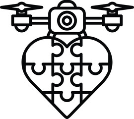 A black and white heart made of puzzle pieces with a drone on top