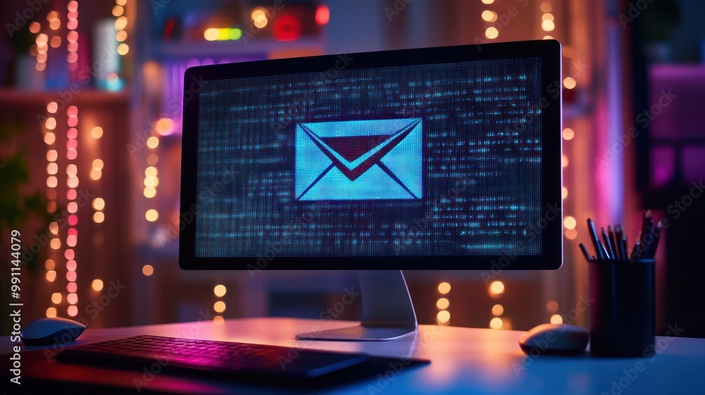 Poster a computer screen displaying an email icon with a vibrant, colorful background.