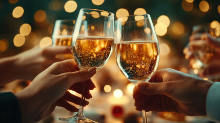 Friends gathered around a table, raising their glasses in a New Year's Eve toast