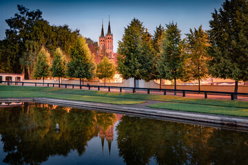 Calm morning view of two spire of Cathedral Basilica of the Assumption of the Blessed Virgin Mary, Podlaskie Voivodeship. Stunning dawn cityscape of Bialystok - largest city in northeastern Poland.