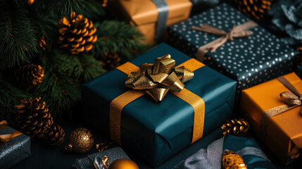 Presents wrapped in gold and silver paper under a festive tree, ready for New Year celebration