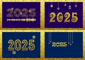 4 Golden wish card new year 2025 with geometric font, snowflake, sound wave, gift, ball, snowman, stars on a gold, blue and purple background