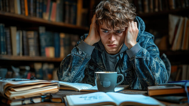 A young man is overwhelmed by his studies at a library desk, surrounded by books and a cup of coffee, reflecting late-night stress and concentration