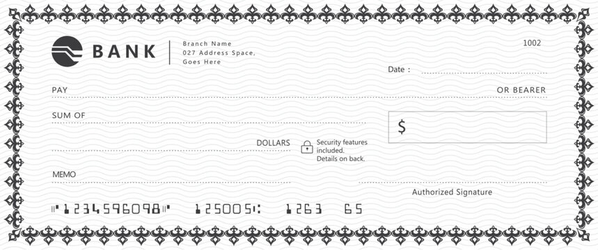 Bank check, vector blank money cheque, checkbook template with guilloche pattern and fields. Currency payment coupon, money check background