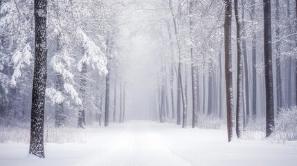 Naklejka premium Tranquil Winter Forest Scene with Snow-Covered Trees and Gentle Snowfall Creating a Peaceful Atmosphere